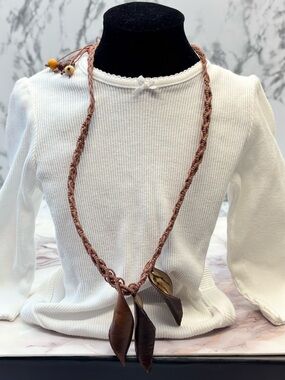 Braided Bohemian Handcrafted Brown Leaf Pendant Necklace - Festival Jewelry